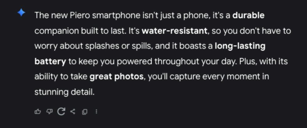 Screenshot of Gemini LLM’s response to a prompt about the Piero smartphone. The model describes the device as durable, water-resistant, with a long-lasting battery and great photo-taking capabilities.