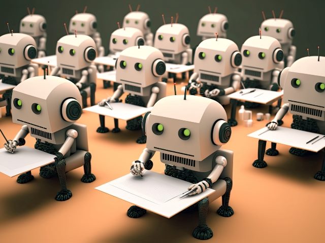 Robots sitting and working at desks. 