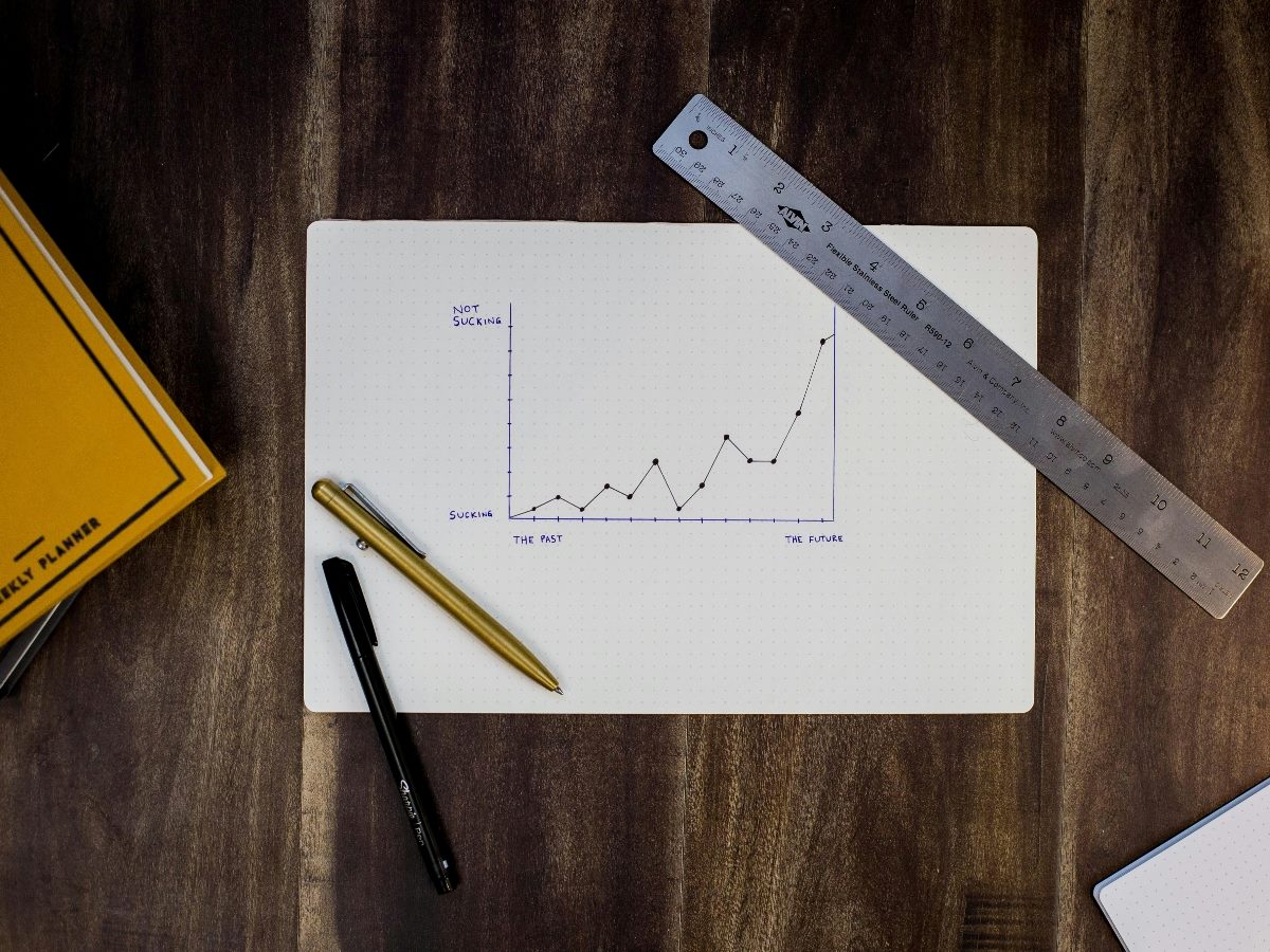 Paper with an analytics chart on it, next to a ruler and a couple of writing tools.