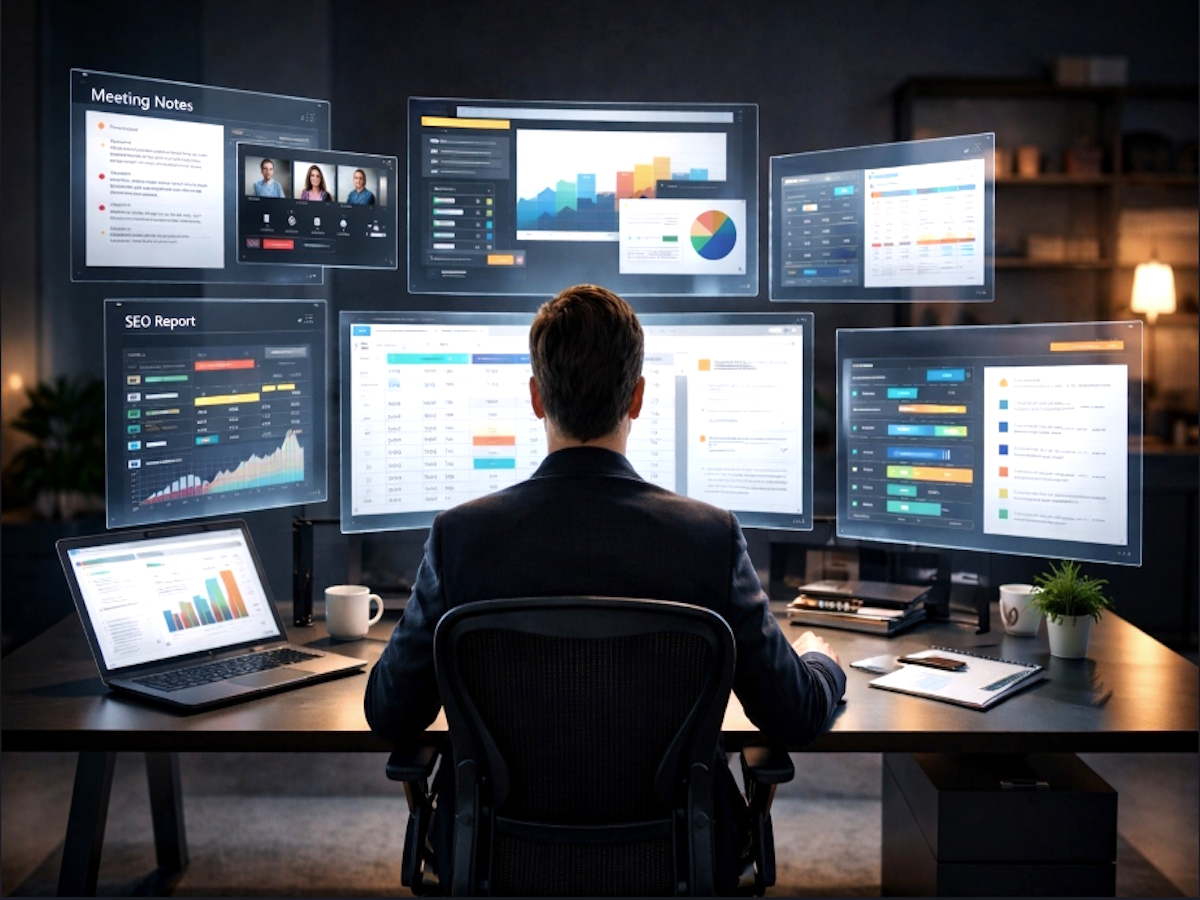 A person sitting at a desk in front of several computer screens