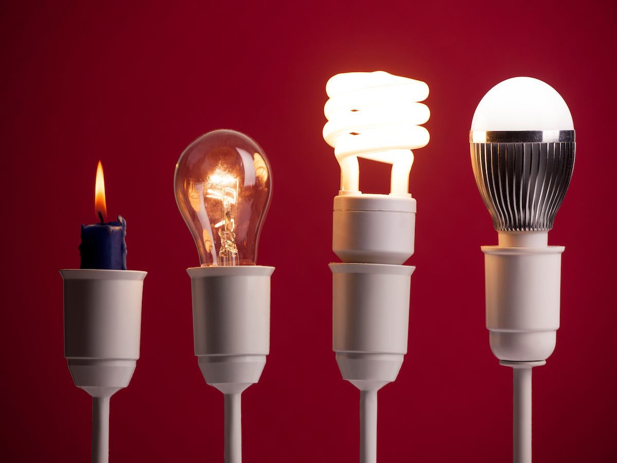 Progress of lighting with candle, tungsten, fluorescent and LED