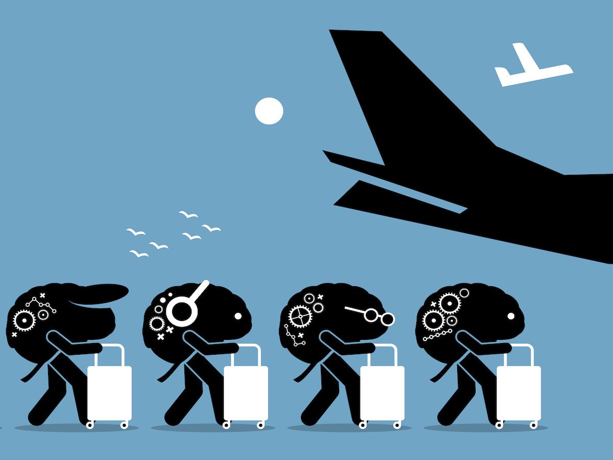 An illustration of a group of brains with suitcases lined up to get on a plane