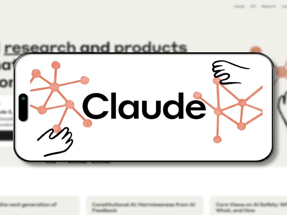 Claude logo on smartphone screen with its website in background
