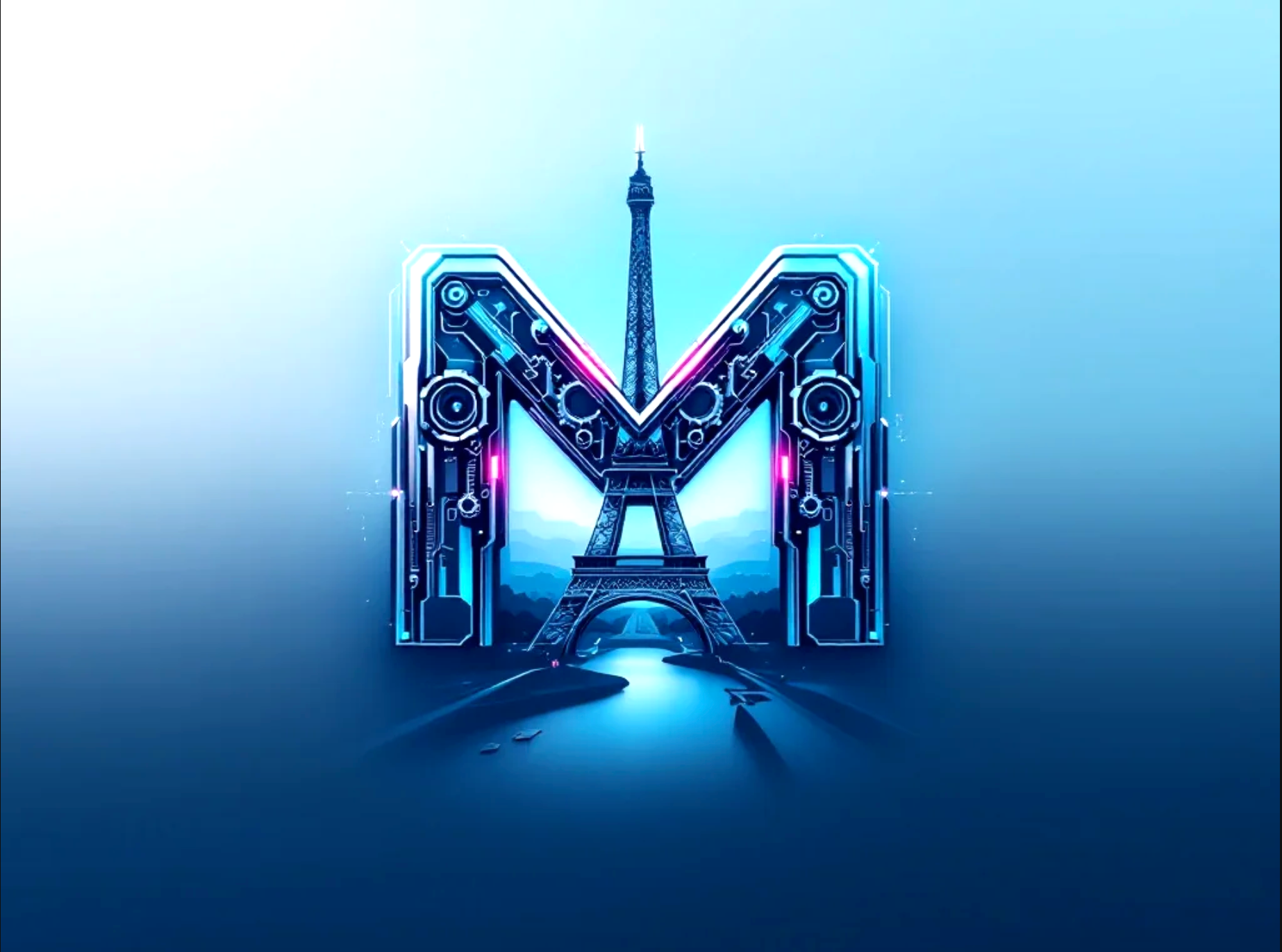 A generative art of a representation of Mistral AI according to themselves, including a large M with the Eiffel Tower in the background 