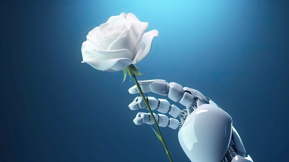 A white robot hand offers a white rose in full bloom on a blue background with blue lighting suggesting the need for ethical AI.