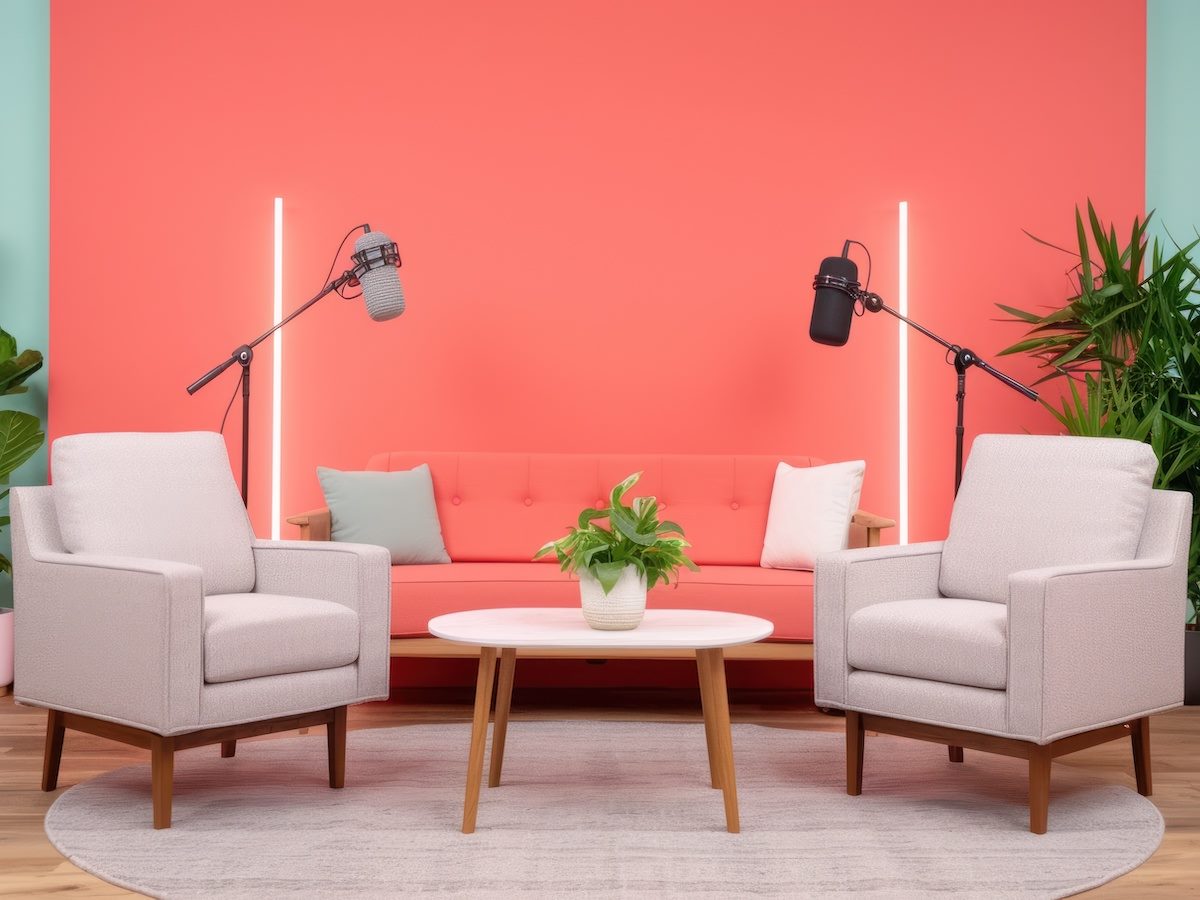An interview room with chairs and microphones