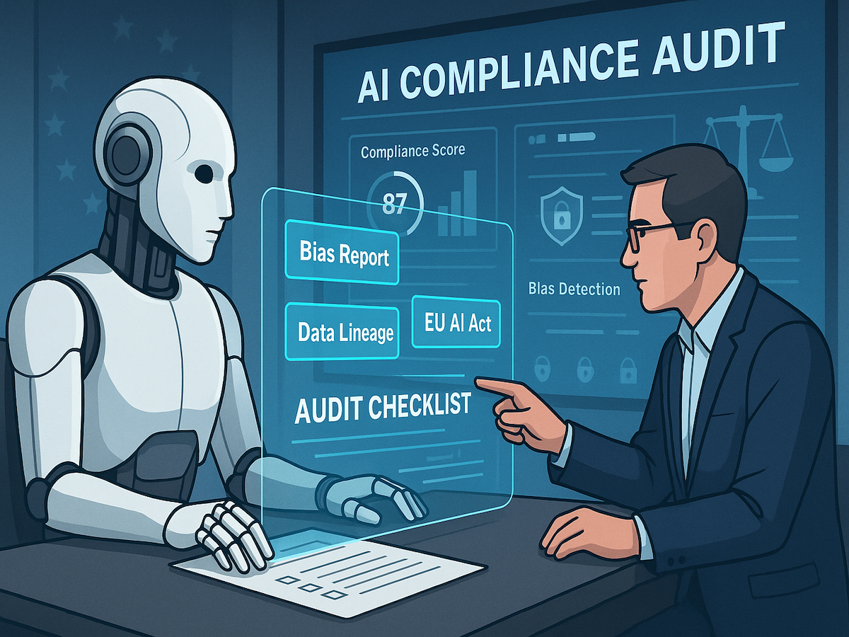 A digital illustration of a humanoid robot and a human professional conducting an AI compliance audit in a futuristic office. The robot and the man are seated at a desk, reviewing a glowing holographic display labeled with terms like “Bias Report,” “Data Lineage,” “EU AI Act,” and “Audit Checklist.” Behind them, a high-tech dashboard shows compliance scores, bias detection graphics, and regulatory icons like a balance scale and a shield.