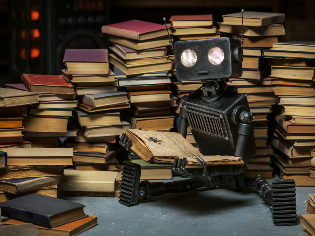 A robot reading amongst a great stack of books