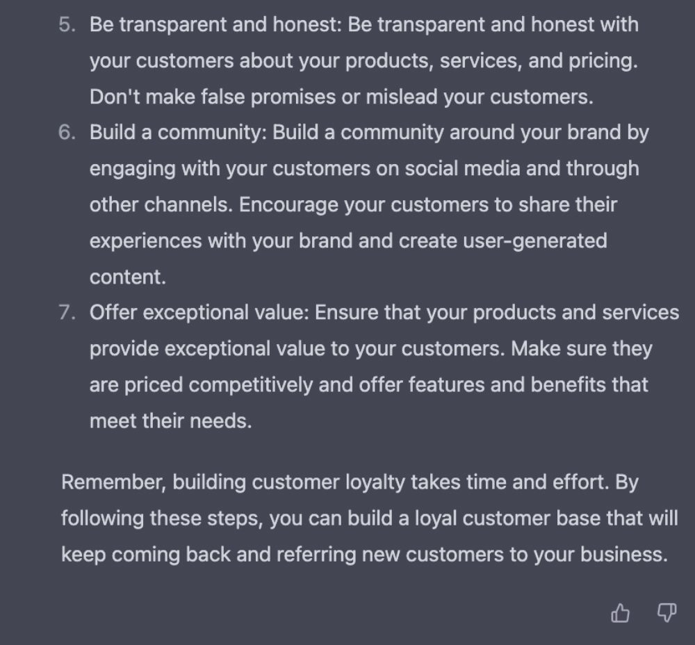 Screenshot of ChatGPT-3.5 answer to customer experience question.