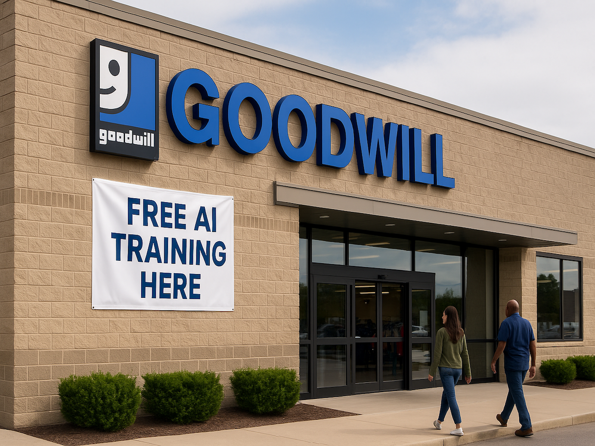A Goodwill store with the sign "Free AI training here" hanging on the outside wall, along with two people walking inside