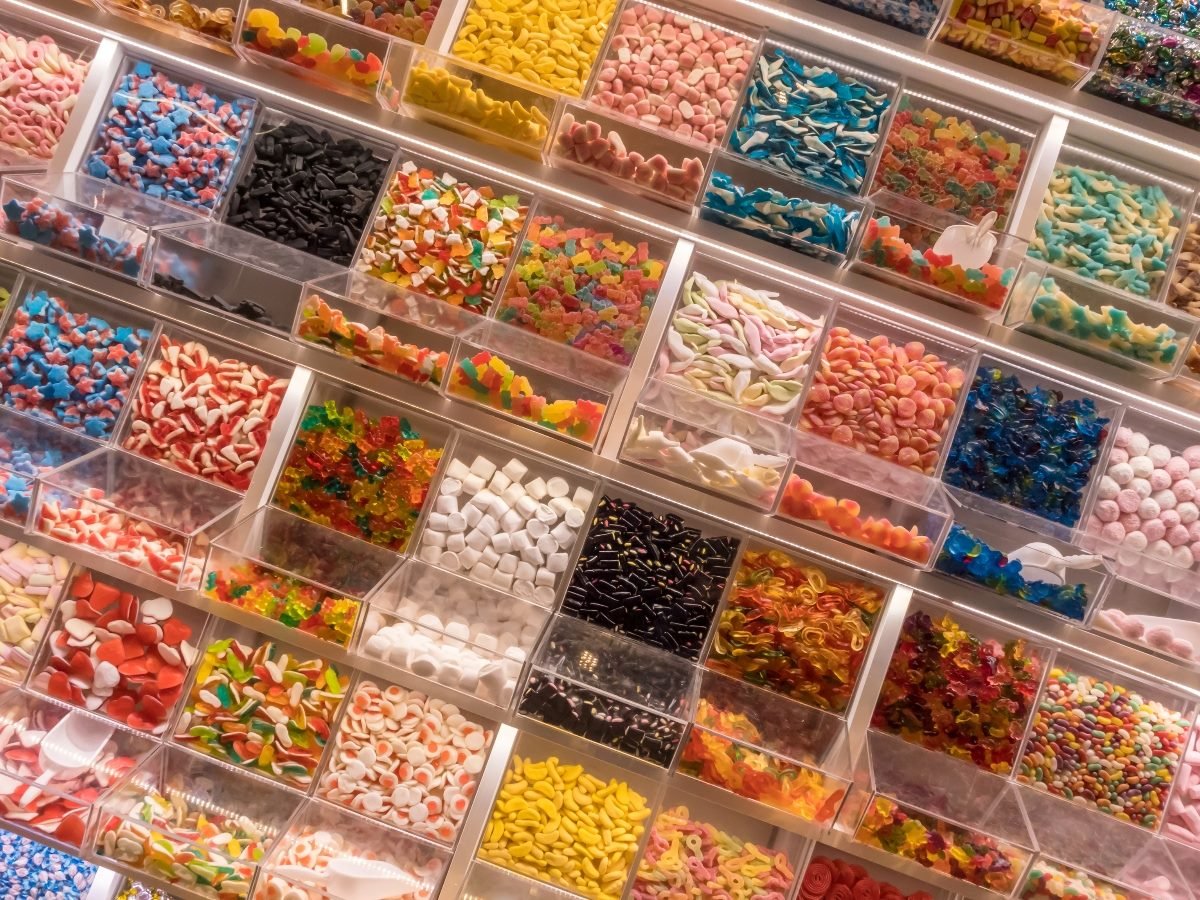Self-service display with many candies.