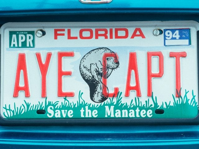 Personalized license plate that says "AYE CAPT save the Manatee"