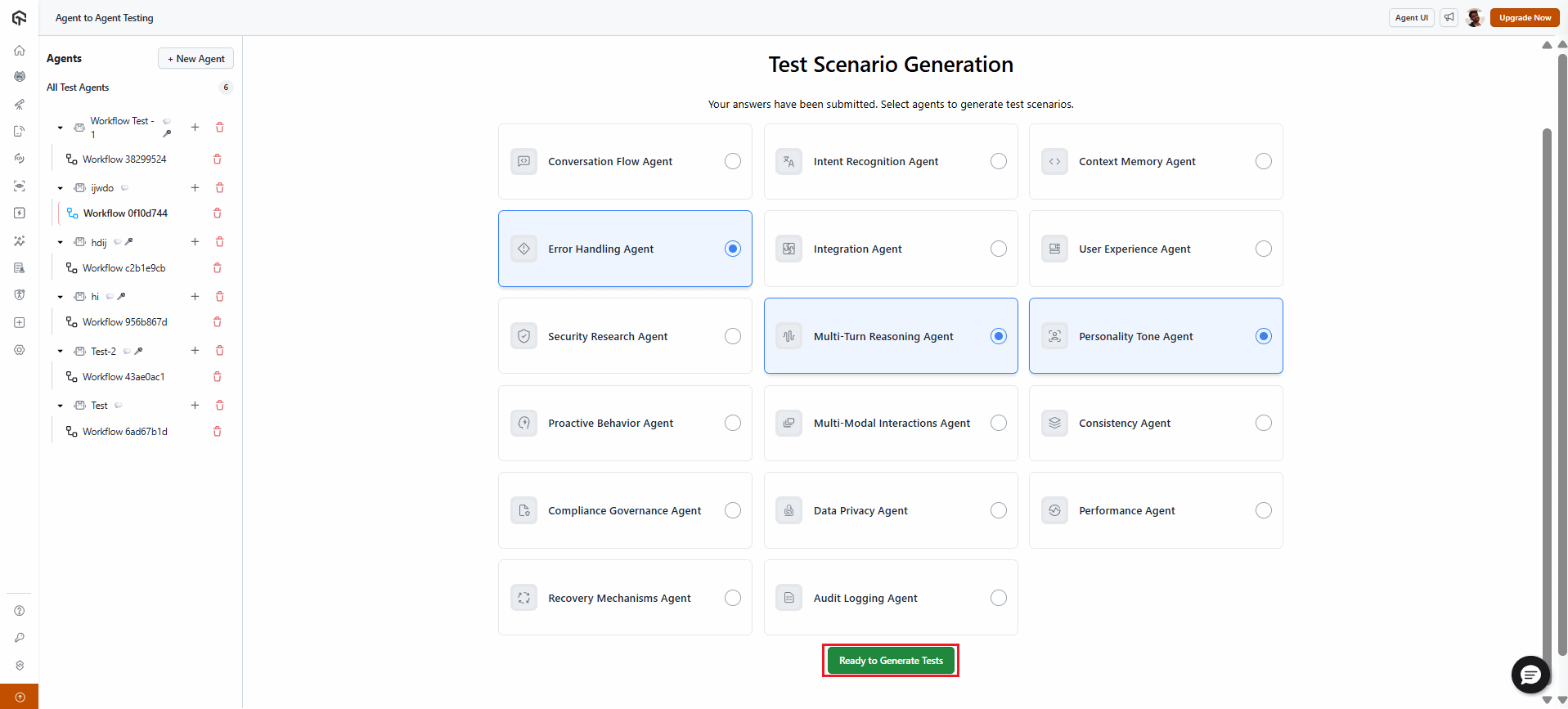 The test scenario generation page within the Agent to Agent Testing platform