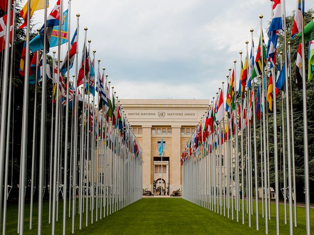 flags from around the world in front of the United Nations building in Geneva