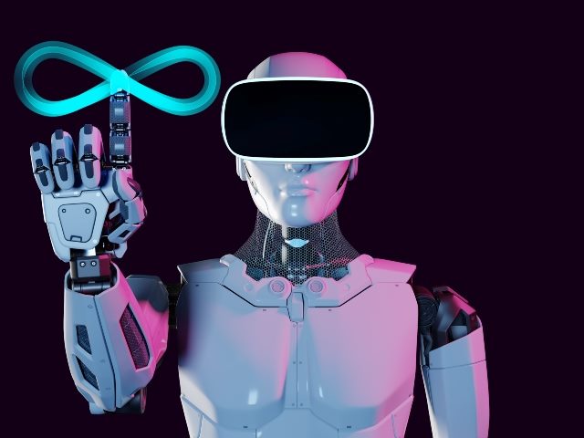 Humanoid white robot with metaverse technology concept wearing virtual reality glasses and reaching up toward 