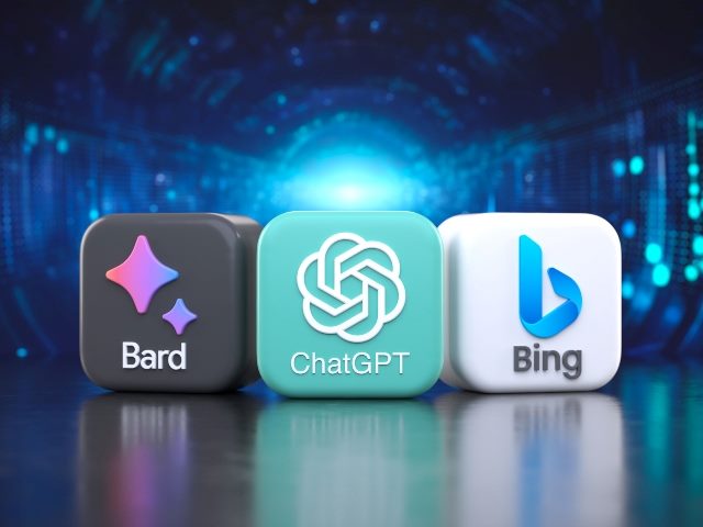 Brand logos in block form of Google Bard, OpenAI ChatGPT and Microsoft Bing, the three most popular artificial intelligences and AI generative text chatbots.