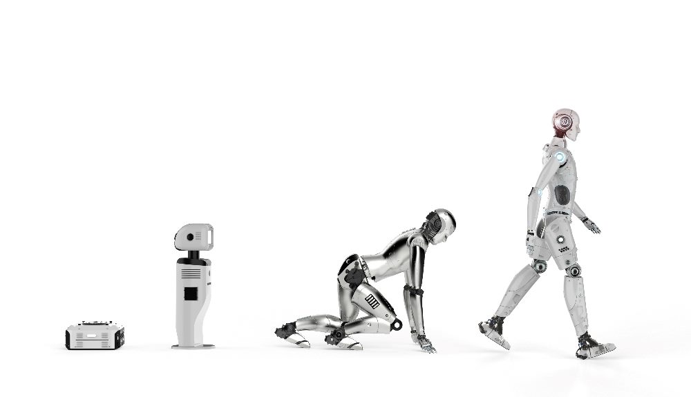 A depiction of robot or technology evolution with a simple machine, followed by a slightly larger one, followed by a "crawling" robot and then a fully formed robot, suggesting the evolution of AI in data analysis and AI in marketing.