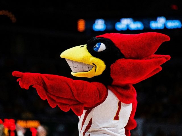 Team mascot dressed in a Cardinal suit pointing.