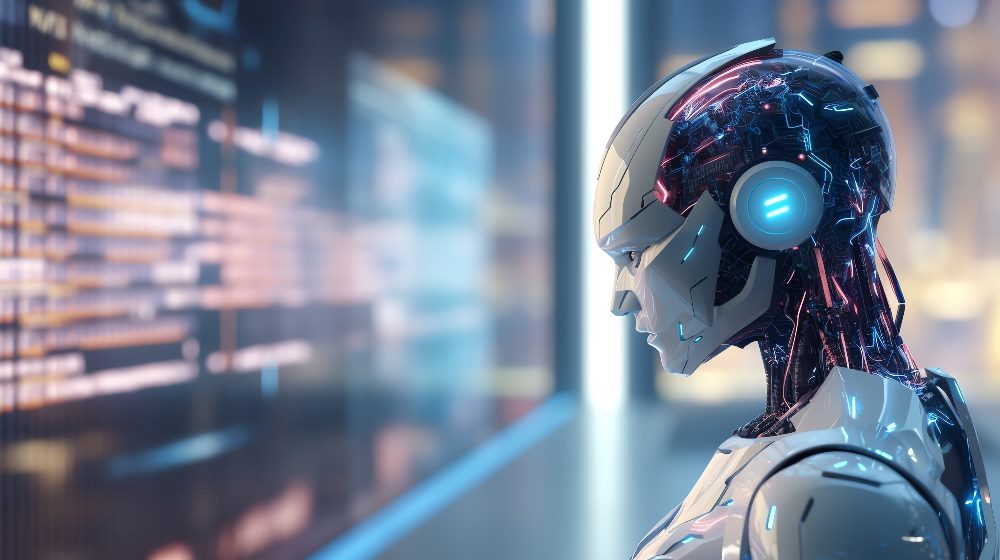 Artificial intelligence robot with wires and blue lights visible on the side of his skull is looking at a computer indicating automation with generative AI in marketing and sales.