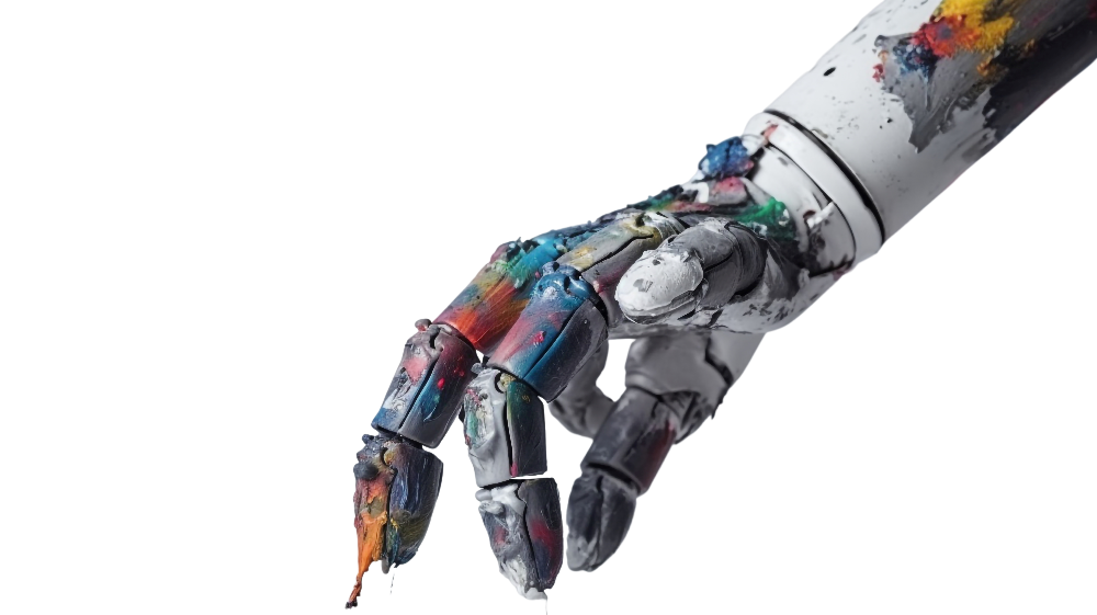 A robot hand is covered in colorful splotches of paint, suggesting the use of generative AI in marketing for creative camapaigns.