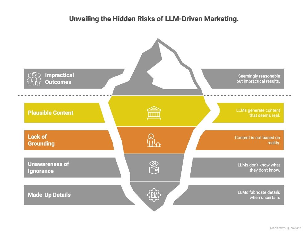 Iceberg diagram illustrating five hidden risks of LLM-driven marketing, including impractical outcomes, plausible content, lack of grounding, unawareness of ignorance, and made-up details.