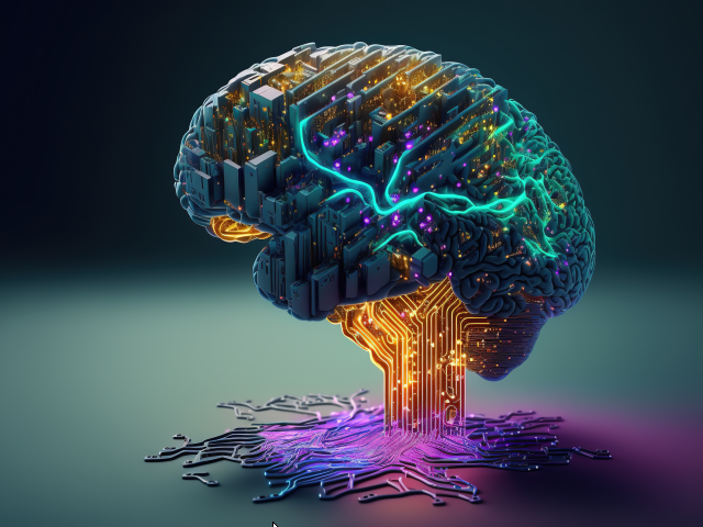 A colorful brain floats above a surface, representing the DishBrain's fusion of AI and brain cells. 
