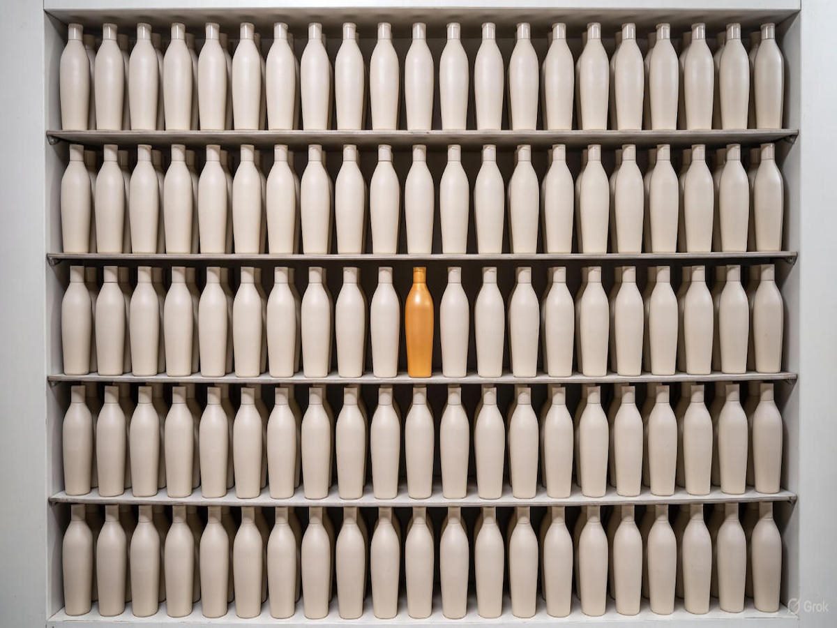 Create a landscape-oriented, hyperrealistic image of a wall-sized shelf that is lined with identical products — shampoo bottles. They are all identical except for one shampoo bottle, which sticks out due to being a different color. 