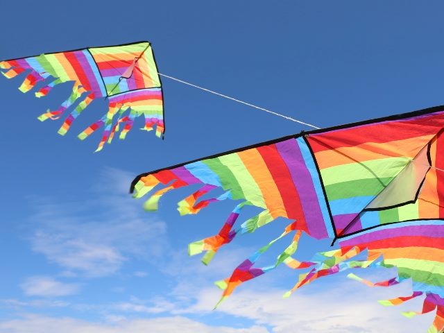 Two Kites in jewel tone, red, orange, yellow, green, blue and purple, rise high into a blue sky tinged with white clouds.