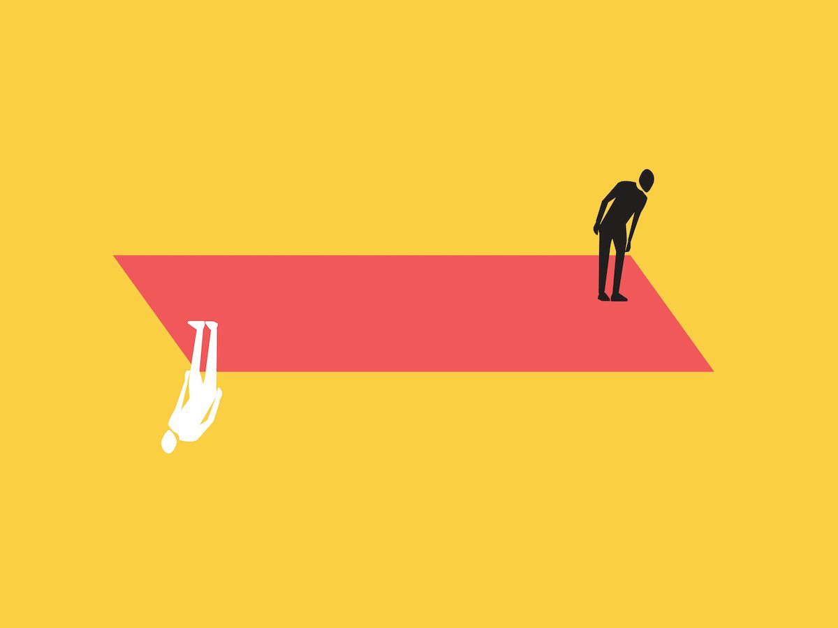 Silhouettes of two people standing on different sides of a red rectangle