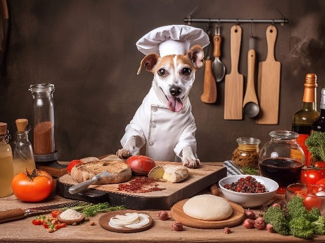A dog chef wearing a chef's hat gets ready to prepare a dish with a great abundance of ingredients in a piece3 about President Joe Biden's executive order and "kitchen-sink" AI governance. 