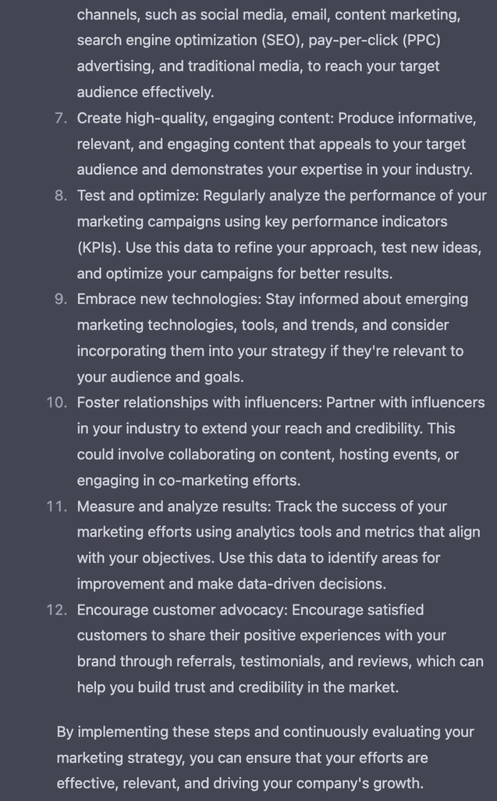 Screenshot of ChatGPT-4's answer to a marketing strategy question.