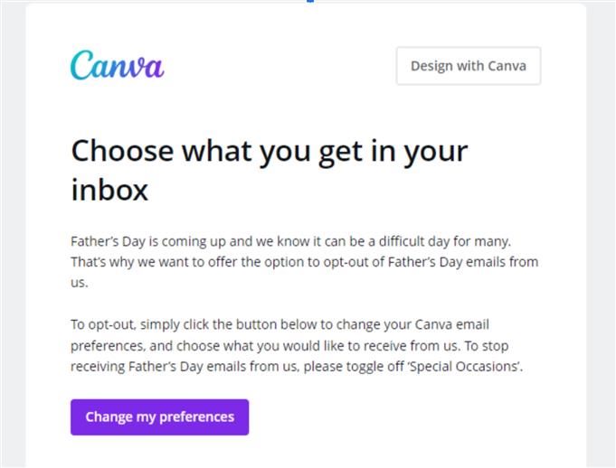 Screenshot of an email from Canva about Father's Day to illustrate a good example of personalization.