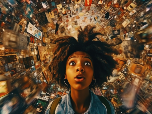 A woman with an overwhelmed look on her face. The background is a swirl of different data sources, like, radio, TV, smartphone, computer, etc.