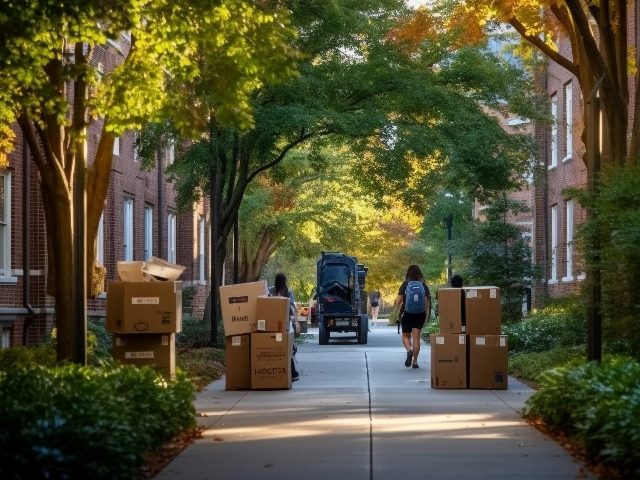 Moving to college experience: Packed belongings in suitcases and cardboard packages on campus, representing our article unpacking the new data provenance standards.