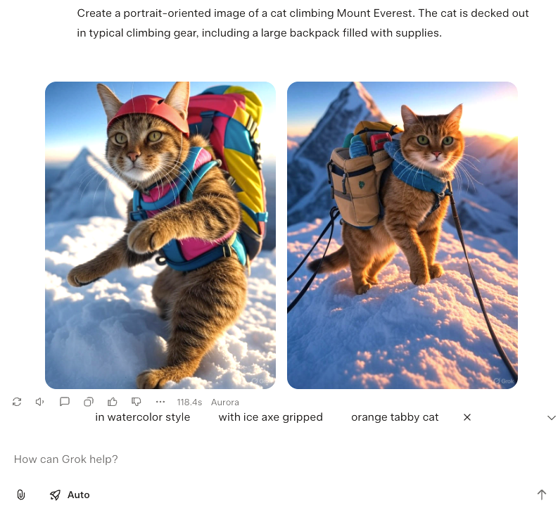 A Grok output where it generated an image of a mountain climber cat