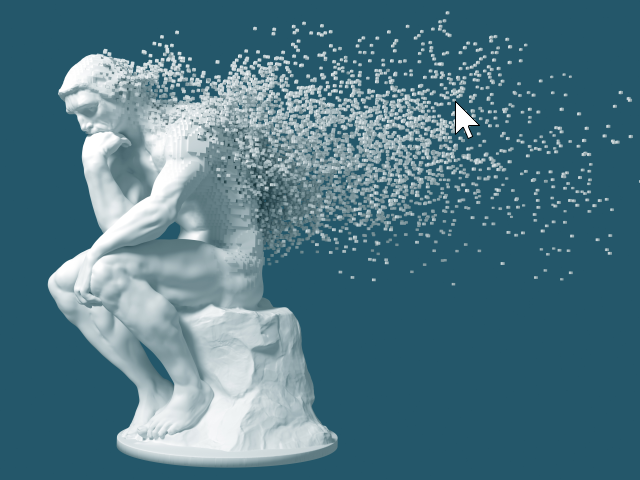 Disintegration Of Sculpture Thinker On Blue Background - Strategy concept