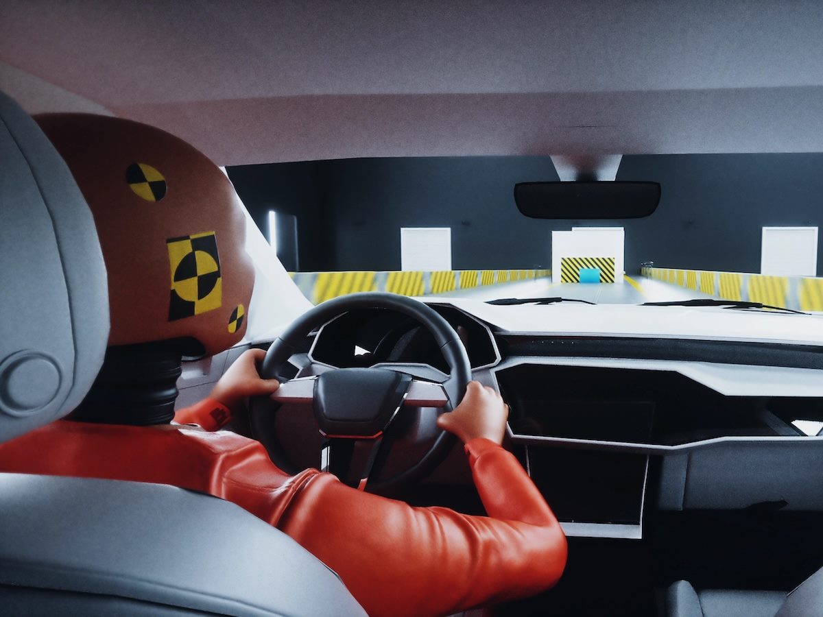 A crash test dummy in a car