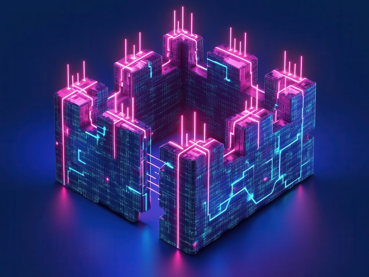digital fortress materializing from circuit pathways