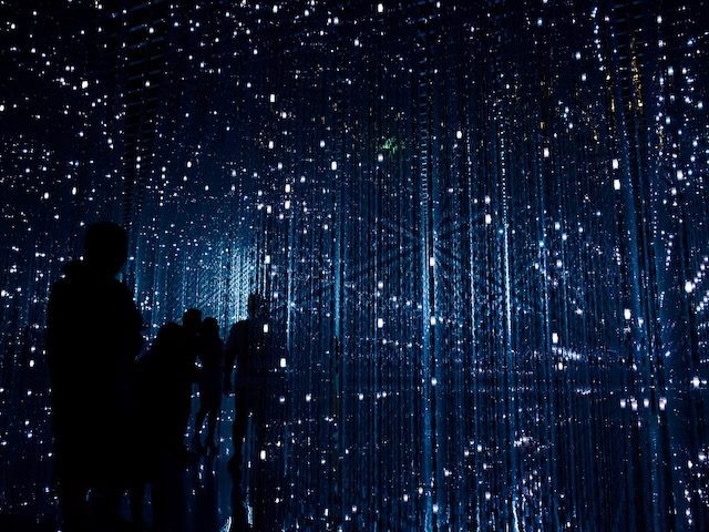 people standing in a matrix-like art installation
