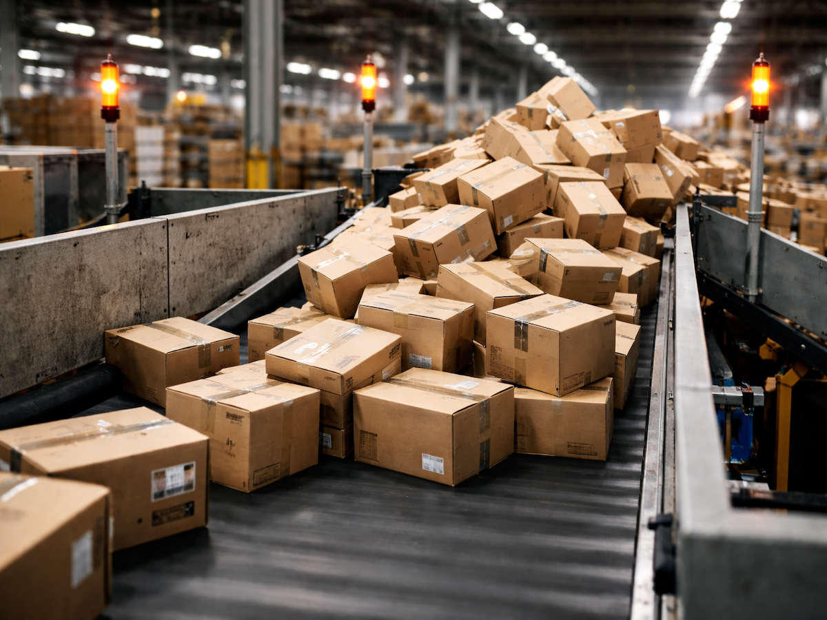 Pileup of cardboard shipping boxes jammed on a conveyor belt inside a large warehouse distribution center, illustrating a bottleneck in an automated sorting line.
