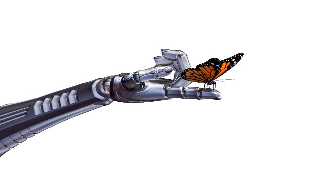 A robot arm jutting in from the left holds his hand out as an orange, black and white monarch butterfly alights on his finger, suggesting the importance of AI in digital transformation in customer experience.