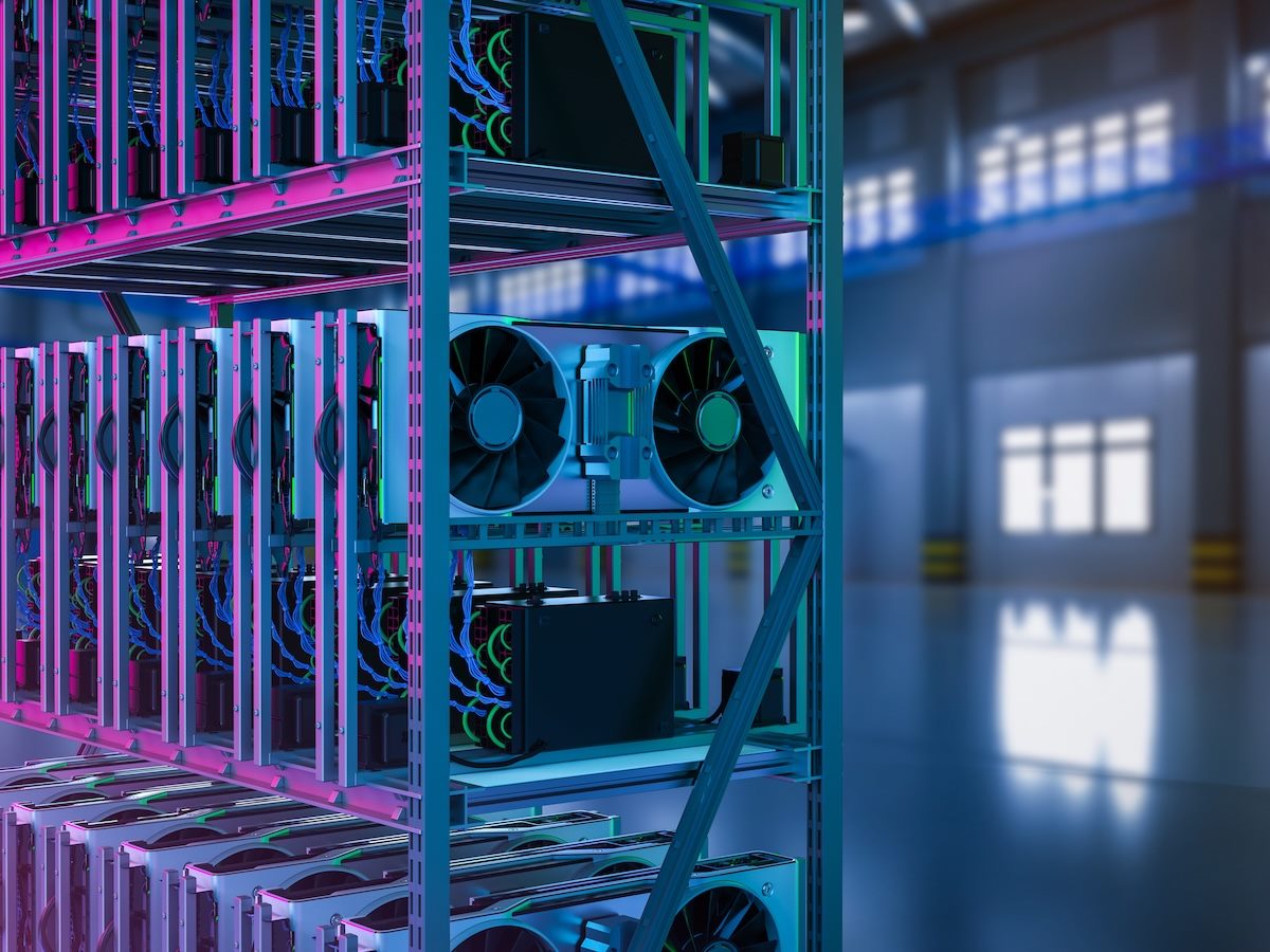 crypto mining farm with graphic card or gpu rack