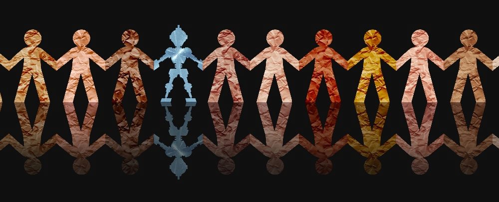 Paper cutouts of a line of human figures in various skin-tones holding hands with one cutout of a blue robot figure in the line in piece about the future of generative AI.