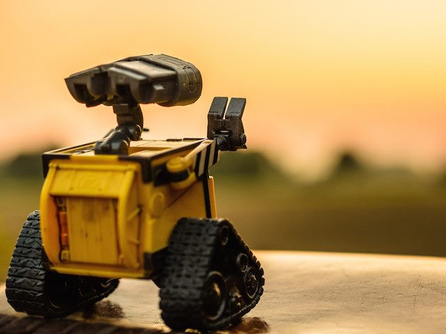 robot facing the sunset