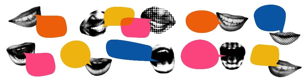 This image features a series of black-and-white, stylized mouths in various expressions, interspersed with brightly colored speech bubbles in shades of orange, pink, yellow, and blue. The mouths and speech bubbles are arranged in a horizontal pattern, suggesting a lively, dynamic conversation in piece about conversational commerce.