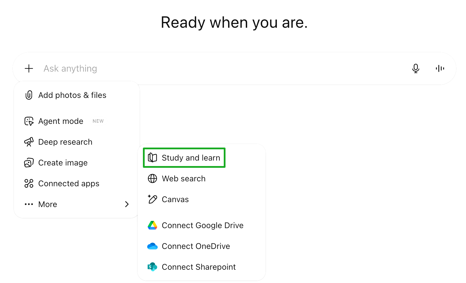 Accessing Study Mode inside ChatGPT