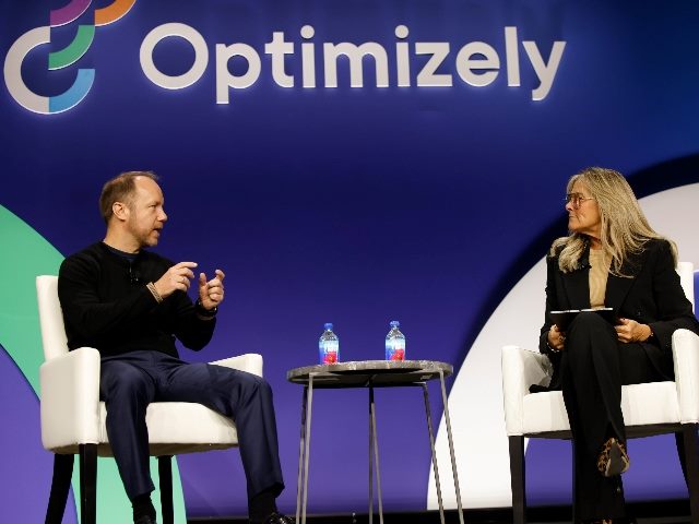 Angela Ahrendts (right) of DBE joins Optimizely CEO Alex Atzberger for a fireside chat at Opticon talking about digital transformation, the evolution of marketing and leadership.