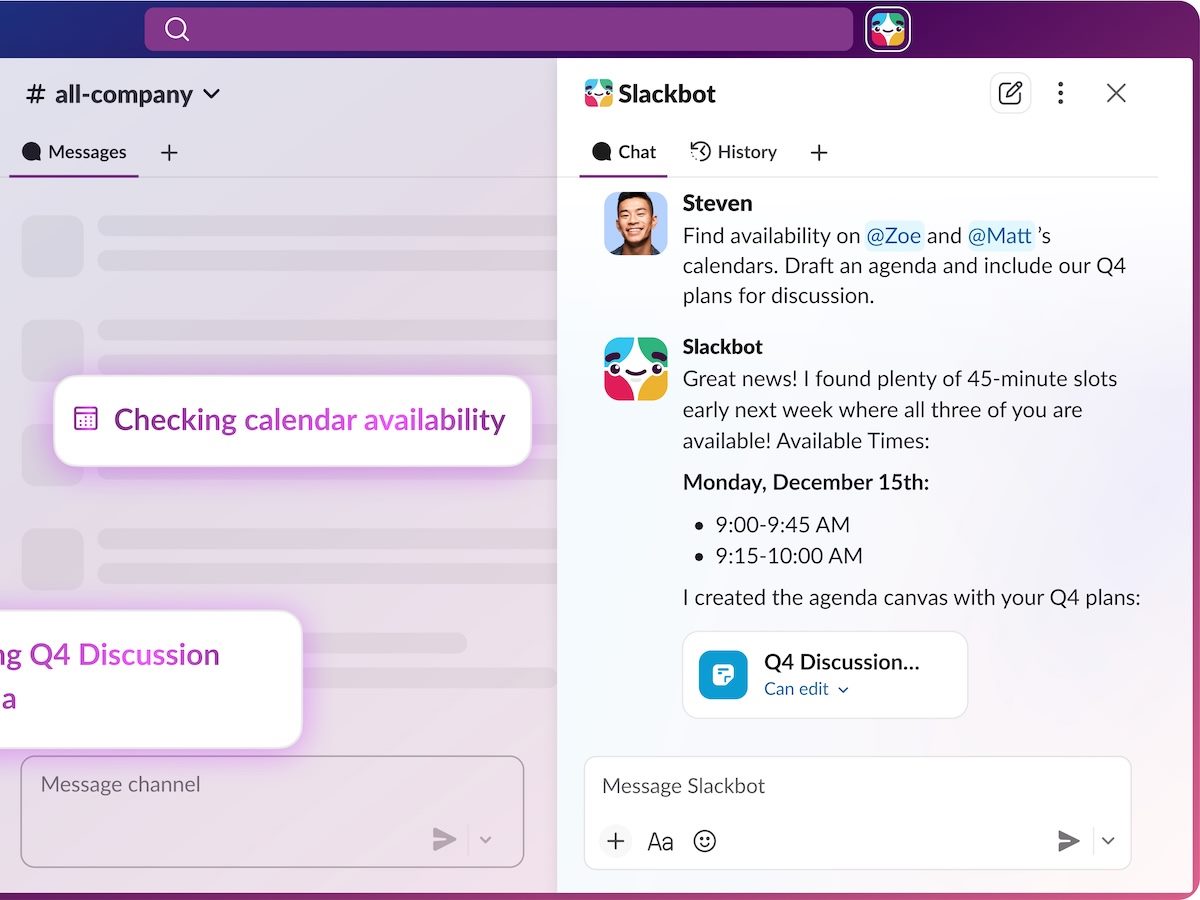 the new Slackbot personal AI agent in action, aligning calendars and setting an agenda based on a prompt