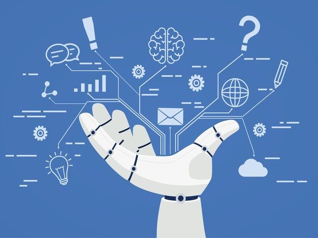 Illustration of robot hand with marketing symbols above it