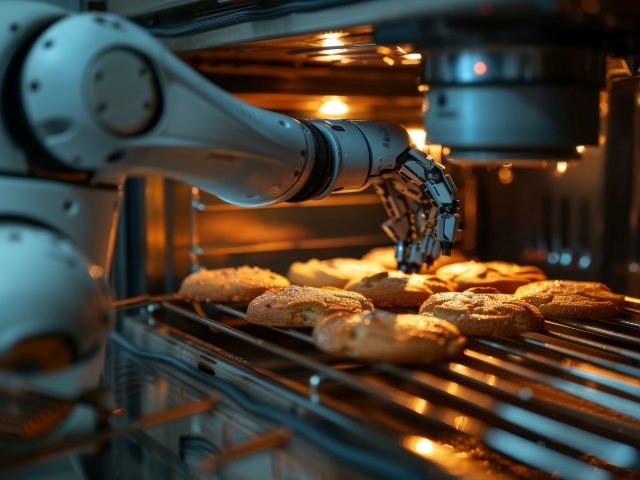 A robot arm is taking cookies out of an oven, in an image using generative AI. 